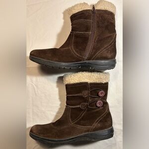 Clark’s Women’s 9.5M Mid Calf Brown Leather Boots Faux Fur Zip & Button Detail